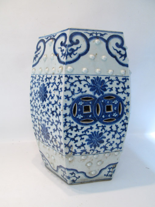 Appraisal: CHINESE PORCELAIN GARDEN STOOL hexagonal vessel with blue underglaze decoration