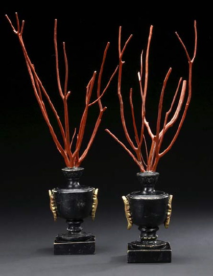 Appraisal: Large Pair of Italian Faux-Coral Sprays in Vases each black-painted