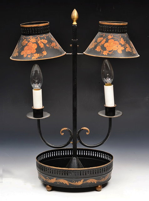 Appraisal: A MODERN TOLEWARE TWO BRANCH TABLE LAMP black painted with