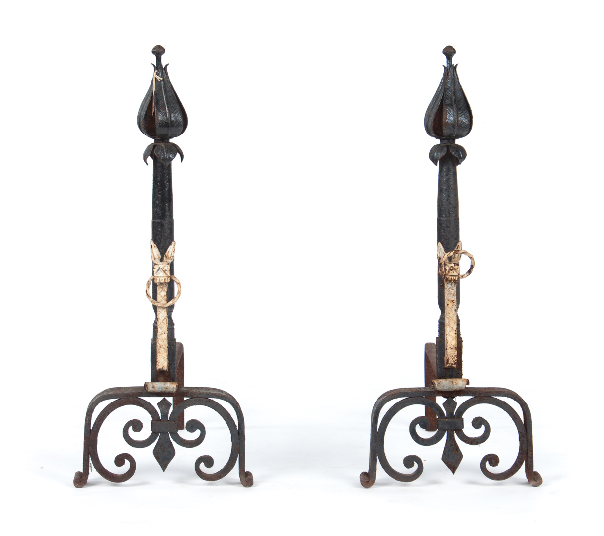 Appraisal: Pair of wrought iron Arts Crafts andirons early th century