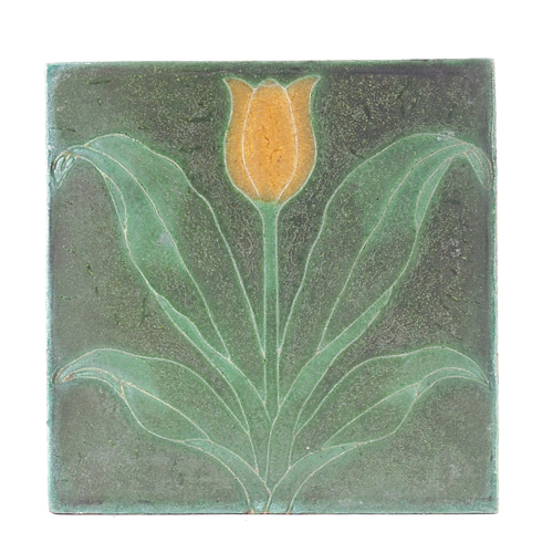 Appraisal: GRUEBY Tile decorated in cuenca with a golden tulip and