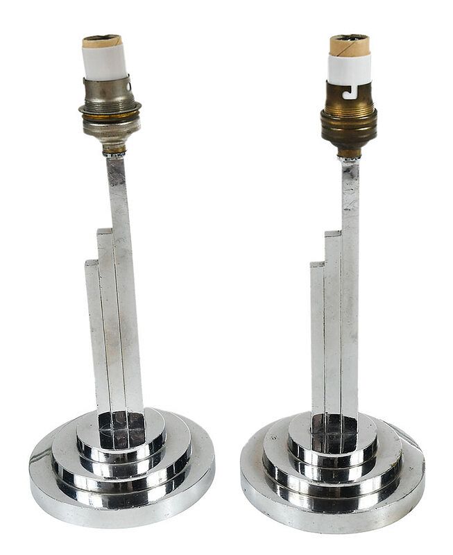 Appraisal: Pair of Art Deco Chrome Table Lamps th century stepped