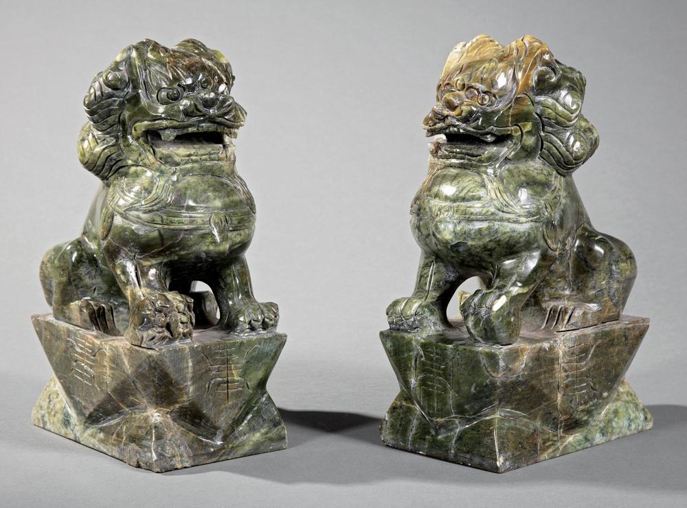 Appraisal: Pair of Chinese Hardstone Figures of Buddhist Lions carved crouching