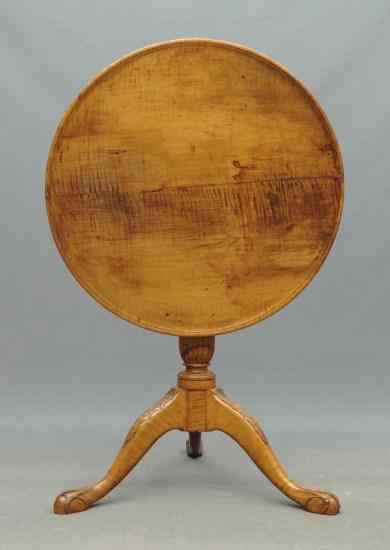 Appraisal: th c tilt top tiger maple Chippendale table Top has