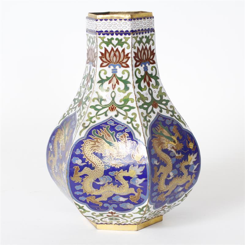 Appraisal: Chinese Hexagonal Cloisonne jar vase with dragon in cobalt cartouche