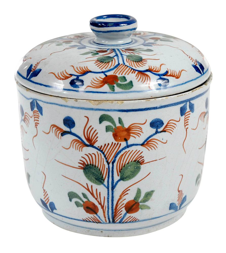 Appraisal: Delftware Polychrome Covered Sugar Pot attributed to Vauxhall circa -