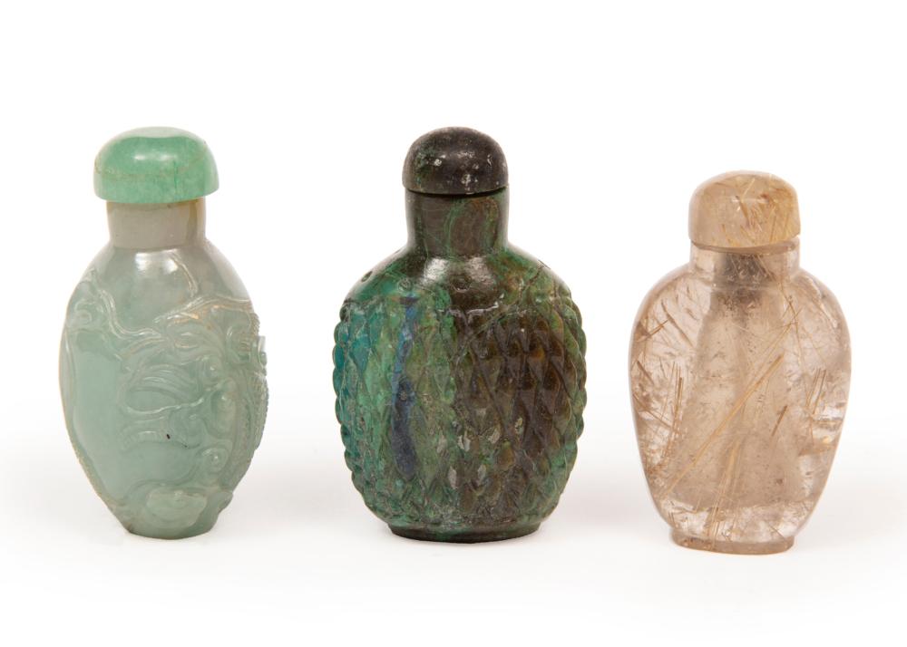 Appraisal: Three Chinese Stone Snuff Bottles incl jadeite relief-carved with lingzhi