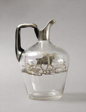 Appraisal: Silver-Overlay and Black Enamel Glass Jug Decorated with Hunt Scene