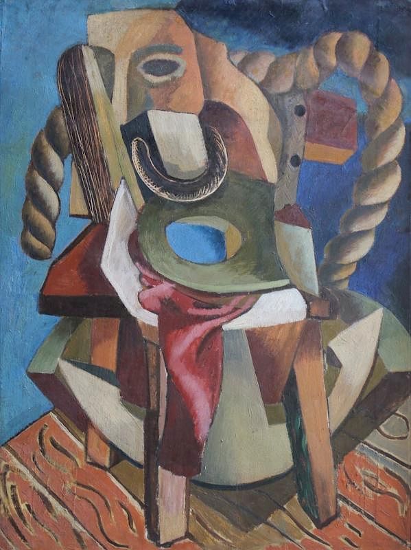 Appraisal: Cubist Still Life with Rope Chair and Theatrical Mask th