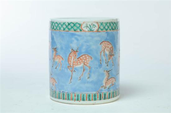 Appraisal: BRUSH POT China th Century porcelain Spotted deer on a