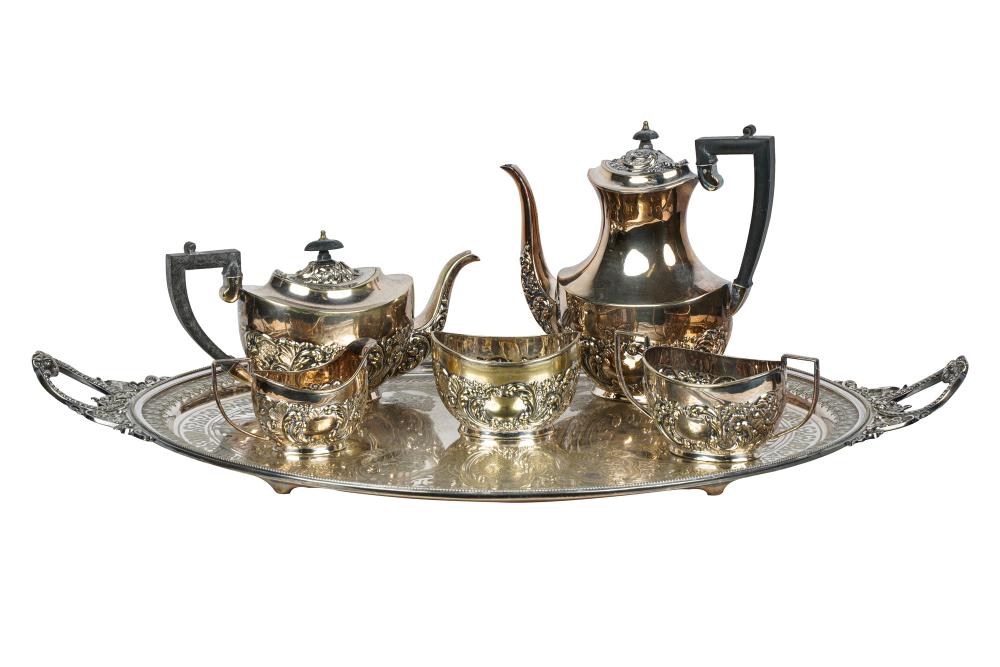 Appraisal: ENGLISH SILVER-PLATE TEA COFFEE SERVICE WITH TRAYcomprising a teapot a