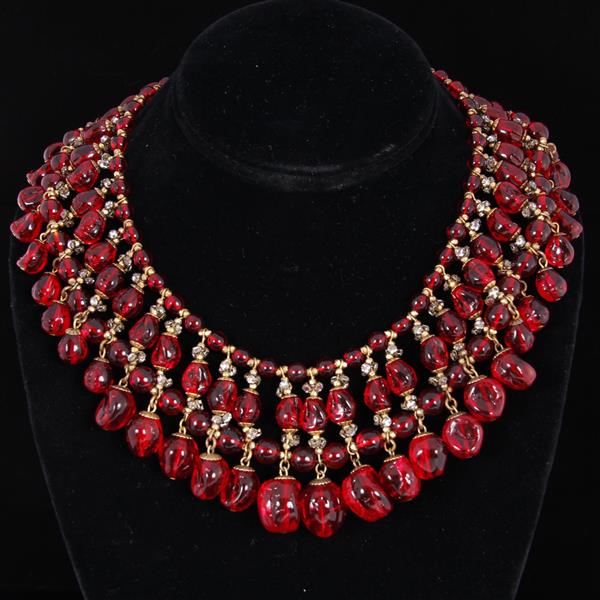 Appraisal: Miriam Haskell Red French Poured Glass Beaded Egyptian Fringe Choker