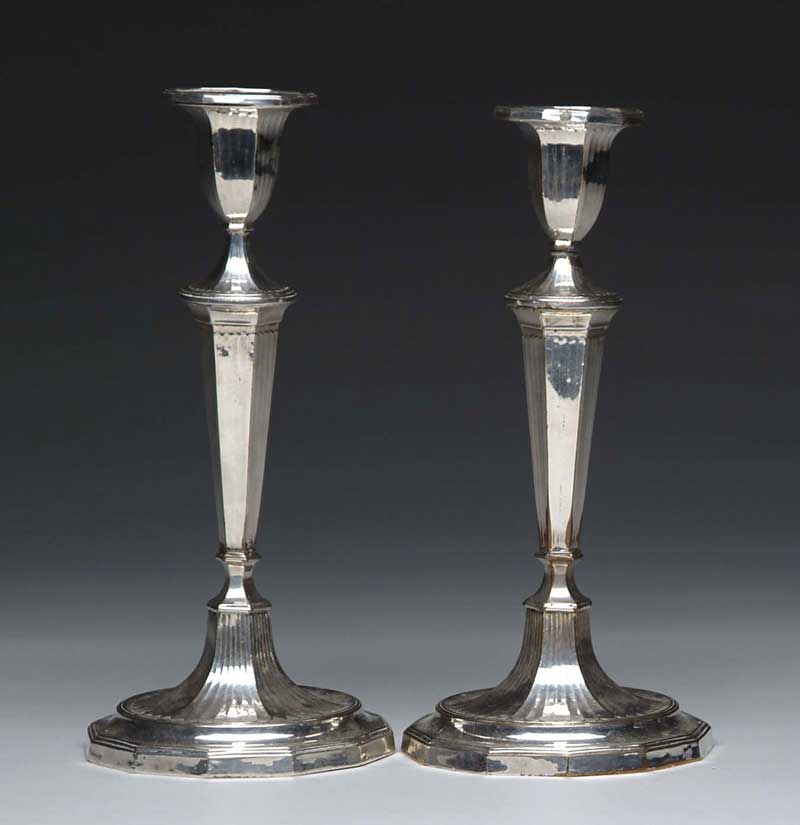 Appraisal: PAIR OF SHEFFIELD SILVER PLATED ANTIQUE CANDLESTICKS Nicely formed candlesticks