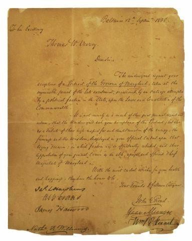 Appraisal: Document addressed to his excellency Thomas W Veazey American -