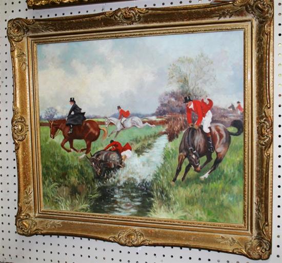 Appraisal: British school th century FOX HUNTING SCENE oil on board