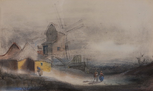 Appraisal: HENRY BRIGHT - Landscape with figures and windmill pencil coloured