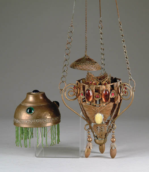 Appraisal: HANGING BRASS DECORATED INCENSE BURNER AND BRASS LAMP SHADE The