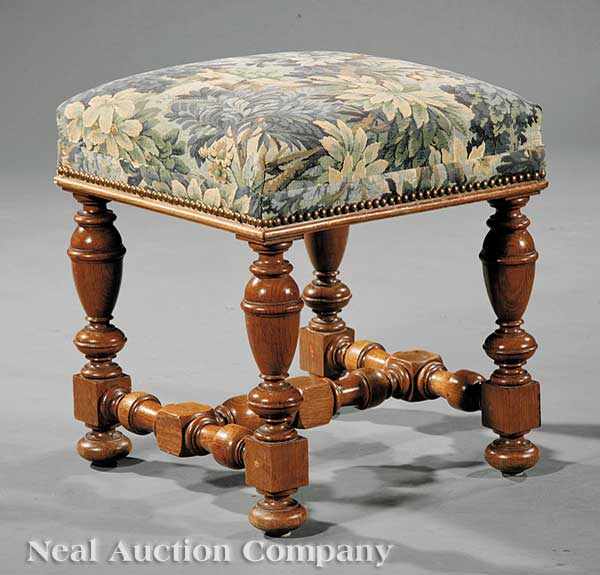 Appraisal: An Antique Jacobean-Style Walnut Joint Stool square upholstered seat bulbous-turned