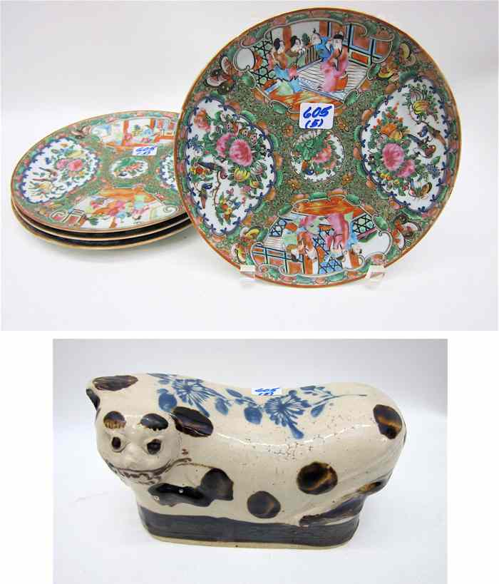 Appraisal: FOUR ROSE MANDARIN CHINESE PLATES AND CAT PILLOW The hand