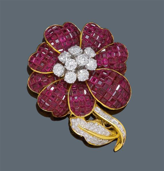 Appraisal: RUBY AND DIAMOND CLIP BROOCH Yellow gold Decorative brooch designed