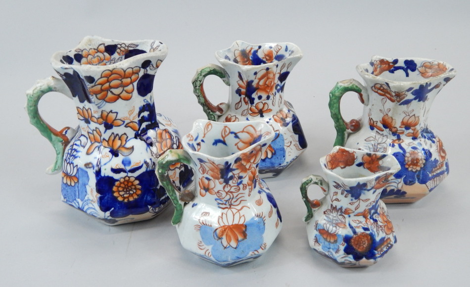 Appraisal: An associated set of five thC Masons ironstone jugs each