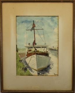 Appraisal: Early th C Docked Fishing Boat Signed Early th C