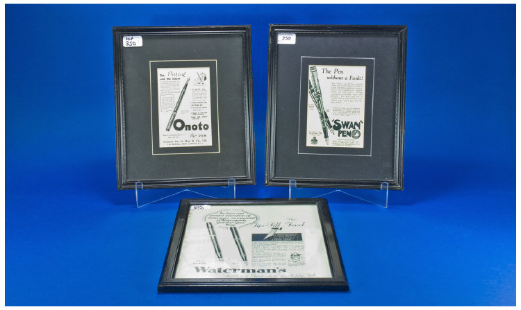 Appraisal: Three Framed pen advertisements Swan Waterman and Onoto plus cards