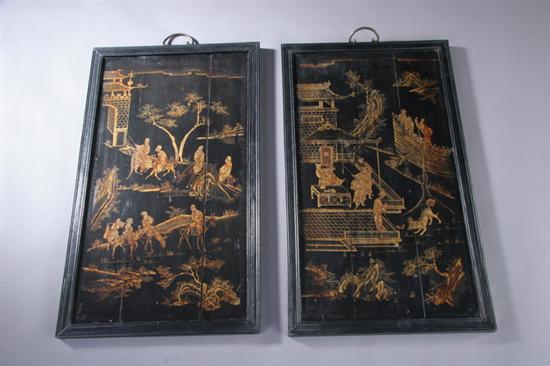 Appraisal: PAIR OF CHINESE LACQUERED WOOD PANELS th century Gilt on