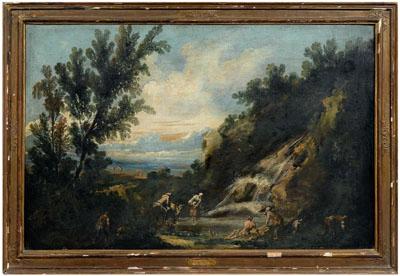 Appraisal: Painting attributed to A Magnasco pastoral landscape with figures by