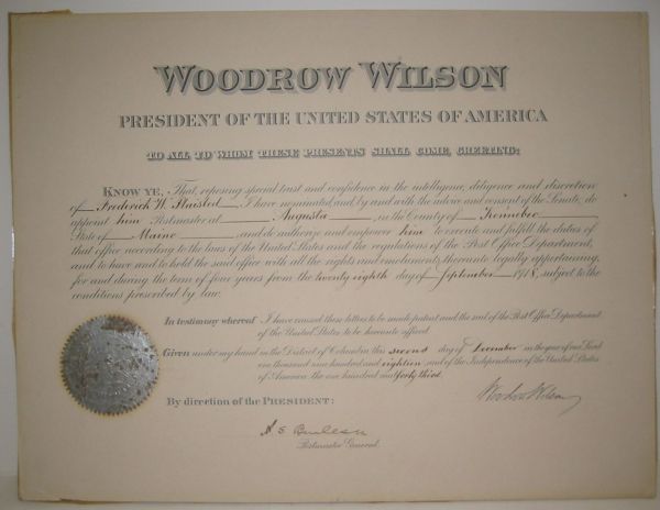 Appraisal: WILSON WOODROW Partly-printed Document Signed as President appointing Frederick W