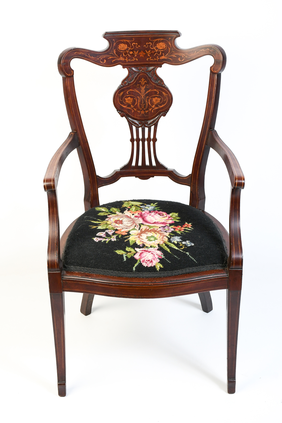 Appraisal: EARLY TH CENTURY MARQUETRY INLAID ARMCHAIR Floral bouquet needlepoint cushioned