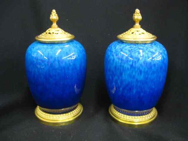 Appraisal: Pair of Sevres Porcelain Covered Jars rich blue glaze ormolu