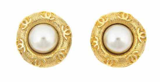 Appraisal: A Pair of Chanel Goldtone and Mabe Pearl Earclips with