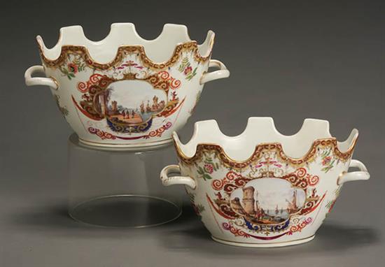 Appraisal: Pair of Dresden Meissen-Type Pictorial Oval Cachepots Possibly Helena Wolfson