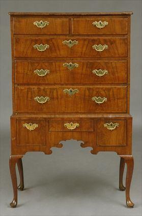 Appraisal: QUEEN ANNE INLAID WALNUT CHEST ON STAND The cross-banded molded