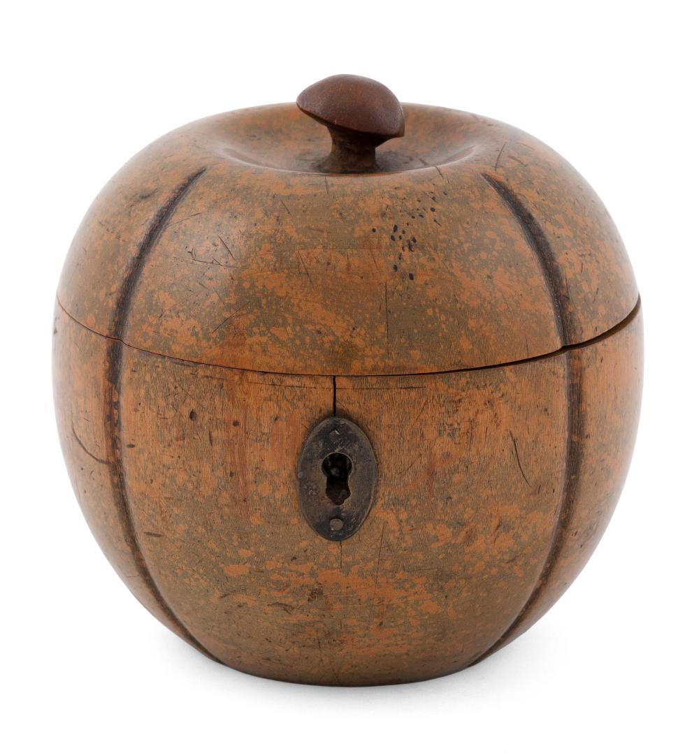 Appraisal: MELON-SHAPED FRUITWOOD TEA CADDY EARLY TH CENTURY HEIGHT MELON-SHAPED FRUITWOOD