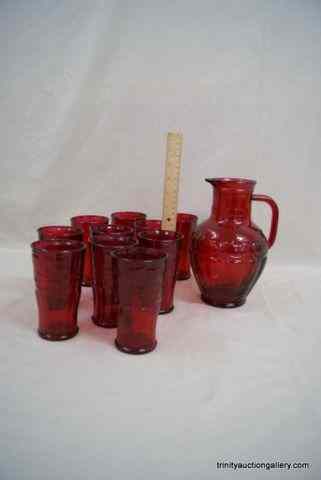 Appraisal: Ruby Red Geometric Lemonade Pitcher Glasses- heavy quality glass Lemonade