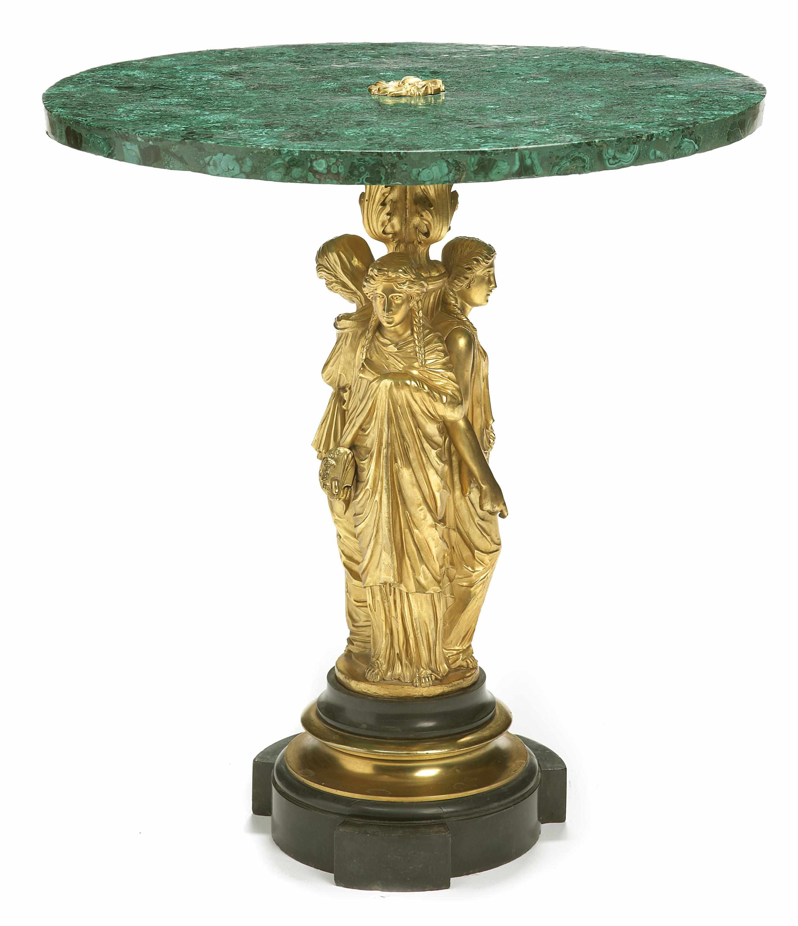 Appraisal: A French gilt bronze faux malachite and slate figural guridon