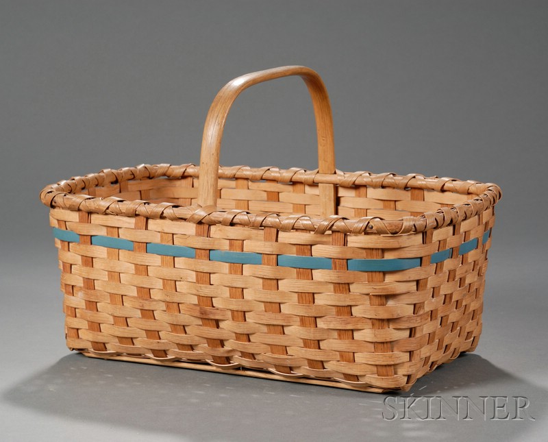 Appraisal: Woven Splint Basket with Blue-painted Band possibly Shaker made late