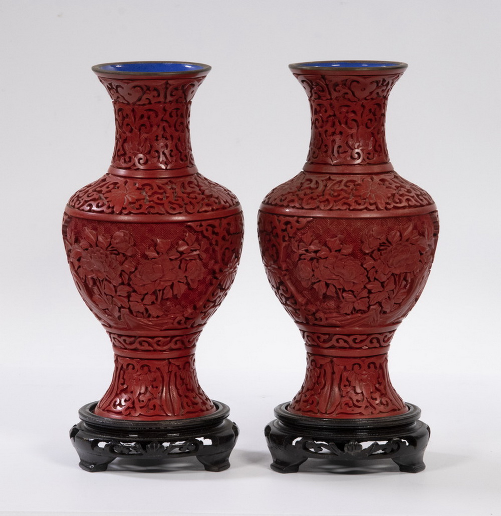 Appraisal: PR CINNABAR VASES Pair of Chinese Cinnabar Baluster Form Vases