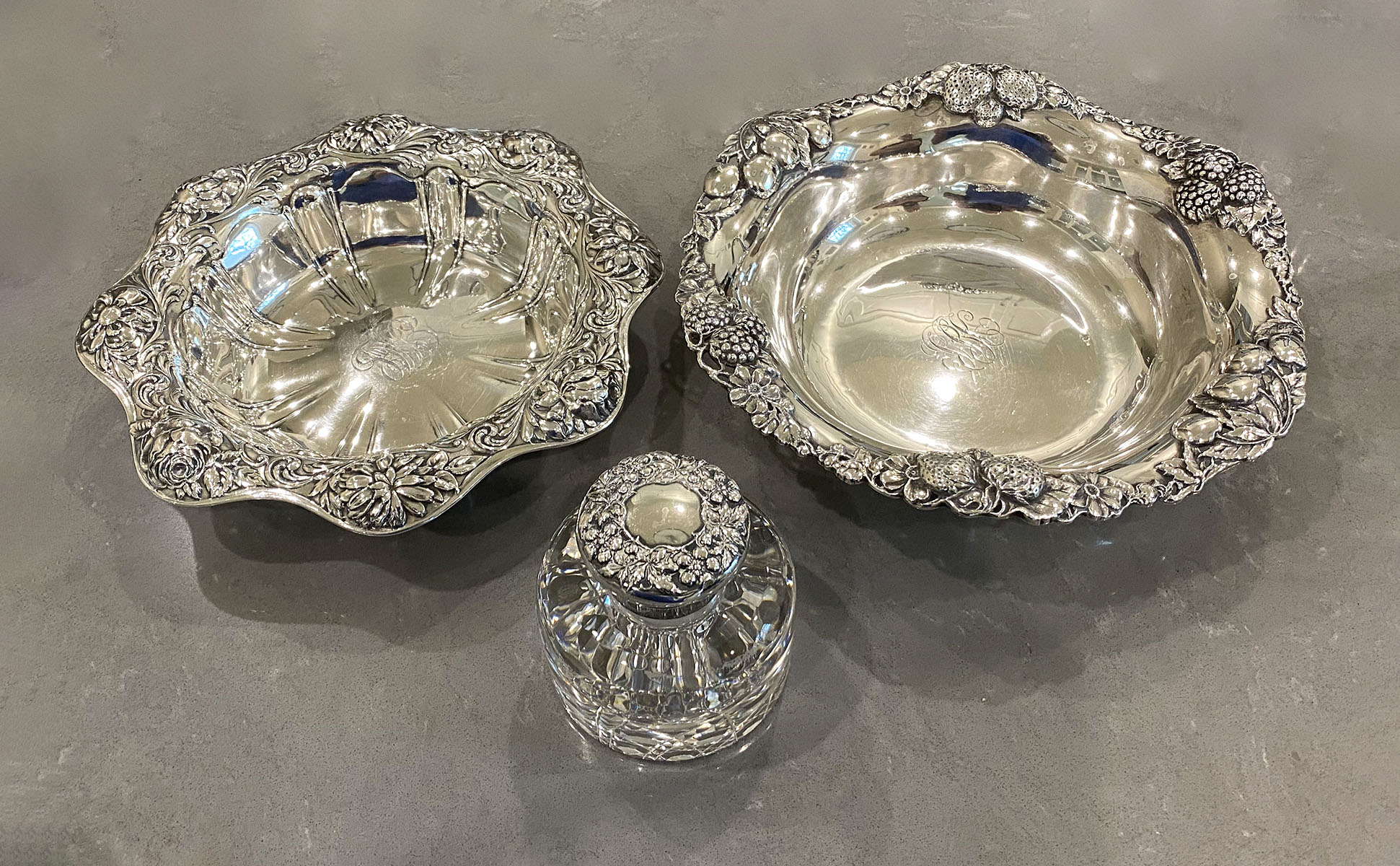 Appraisal: HIGHLY ORNATE GORHAM SILVER BOWLS AND REPOUSSE INKWELL Approx Troy