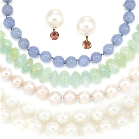 Appraisal: Two Hardstone Bead Necklaces Freshwater Pearl Necklace and Pair of