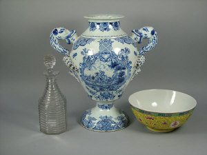 Appraisal: A Delft pottery twin handled pedestal vase th century with