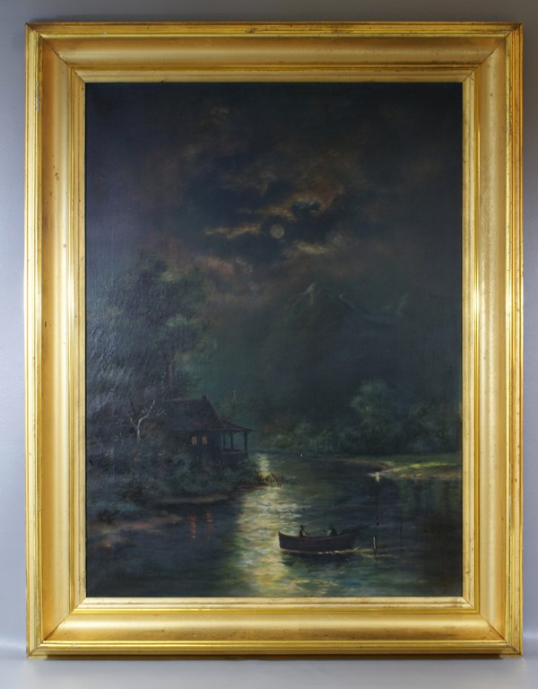 Appraisal: Unsigned oil on canvas cabin lake scene at full moon