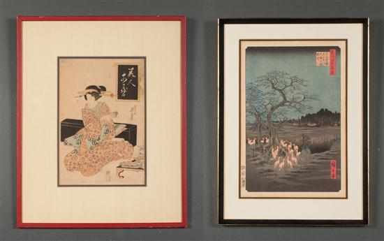 Appraisal: Two framed Japanese color woodblock prints Ando Hiroshige - ''Oji-Foxfire''