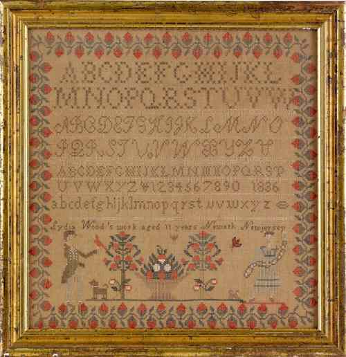 Appraisal: New Jersey silk on linen needlework sampler dated inscribed Lydia