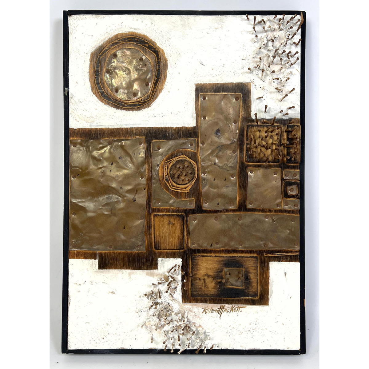 Appraisal: ROLAND HOCKETT Brutalist Mixed Medium Collage Wall Sculpture Hammered metal