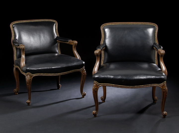 Appraisal: Pair of Louis XV-Style Mahogany Fauteuils each with a padded