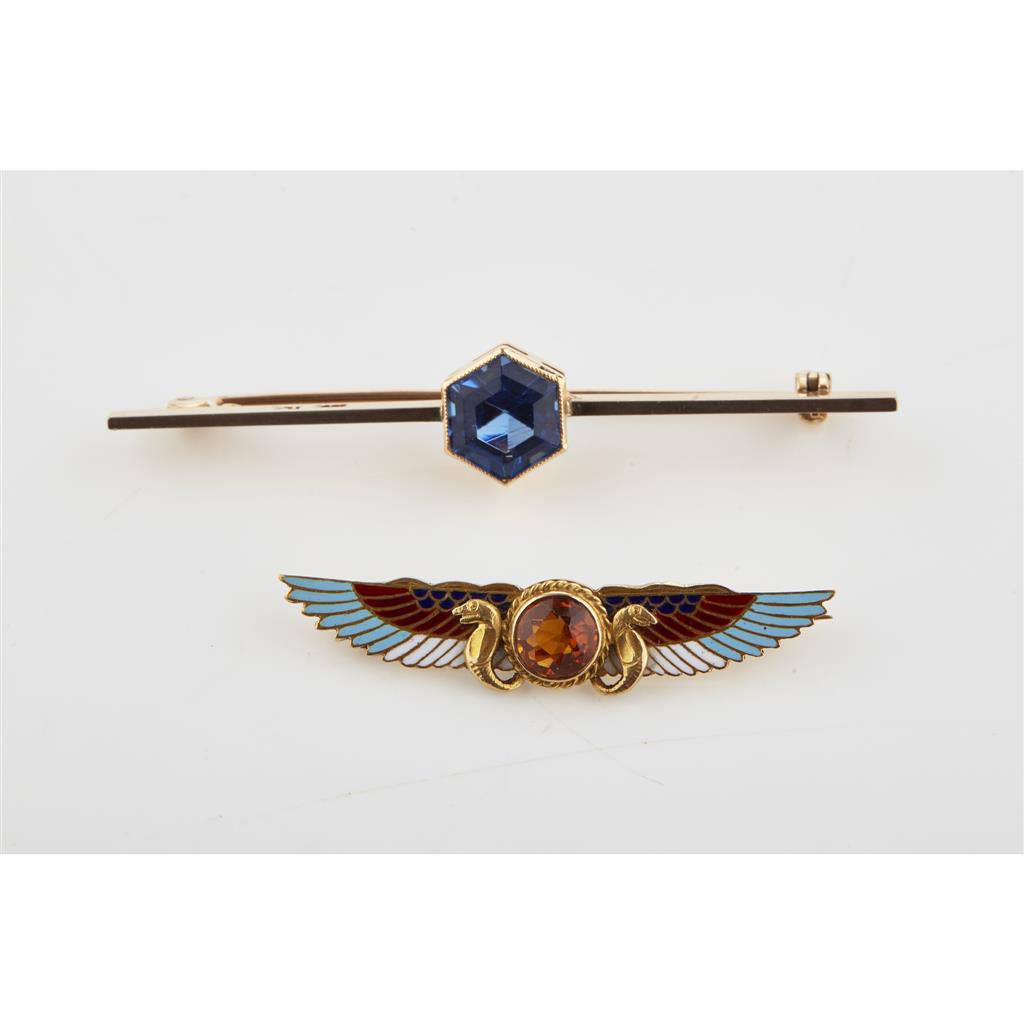 Appraisal: Two gem set brooches the first of winged Egyptian motif