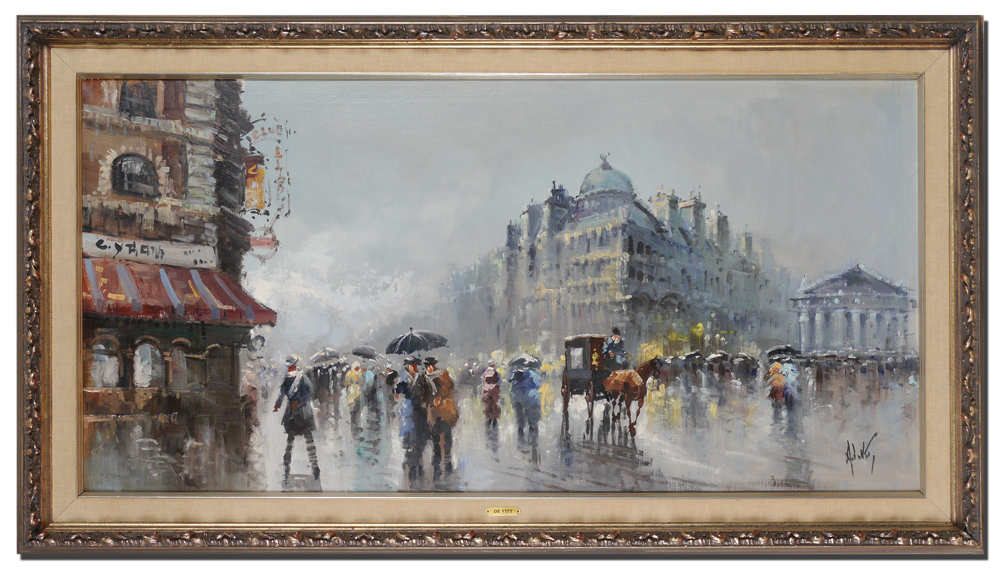 Appraisal: LARGE DEVITY PARISIAN PAINTING Rainy day in Paris Oil Canvas